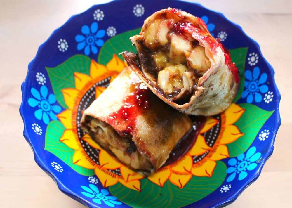 Caramelized Banana And Chocolate Burrito With Strawberry Preserve