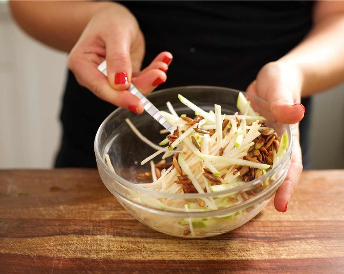 step 15 Add Olive Oil (2 Tbsp) and the lemon juice to the apple and celery root mixture and toss well. Add the pumpkin seeds and toss again.