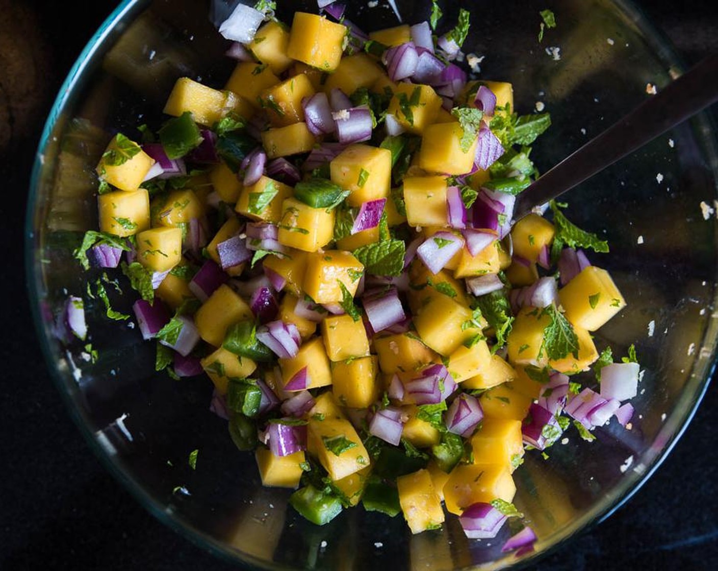 step 4 Prepare mango salsa by combining Mangoes (4 cups), Jalapeño Pepper (1), Red Onions (2 Tbsp), Fresh Mint (1/2 cup), juice from Lime (1/2), Fresh Ginger (1/2 tsp), and Cayenne Pepper (1/8 tsp). Stir to mix well.