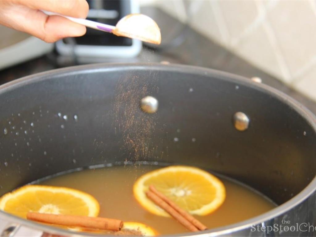 Step 3 of Orange Apple Cider Recipe: Add Cinnamon Stick (5), Ground Cinnamon (2 tablespoon), and Ground Nutmeg (1/8 teaspoon) into the pot. Mix and let simmer over medium heat for 10 minutes.