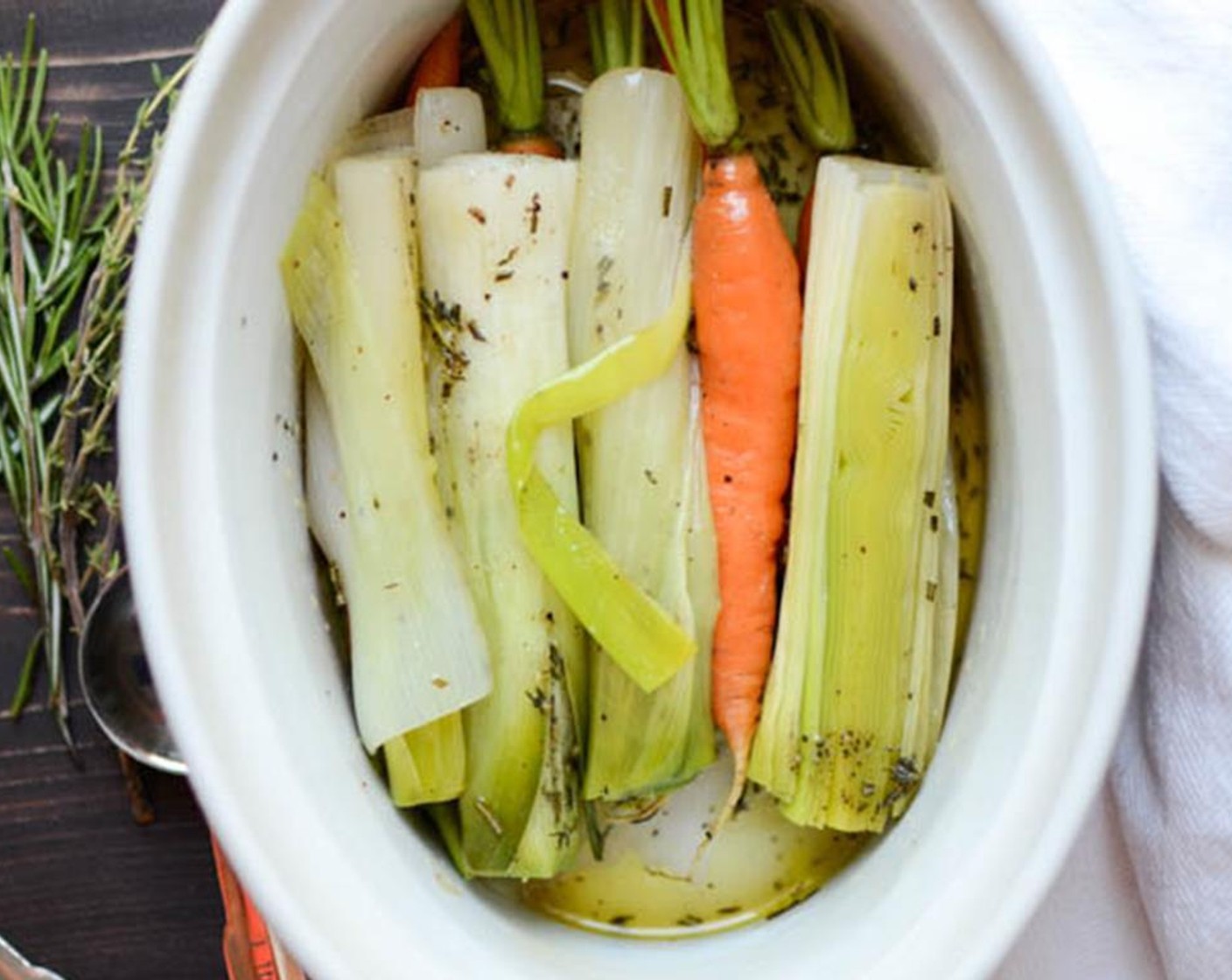 step 3 Drizzle Olive Oil (2 Tbsp) over the vegetables and lightly toss to coat. Sprinkle with Fresh Rosemary (1/2 tsp), Fresh Thyme (1/2 tsp), Sea Salt (1/2 tsp) and Ground Black Pepper (1/4 tsp).