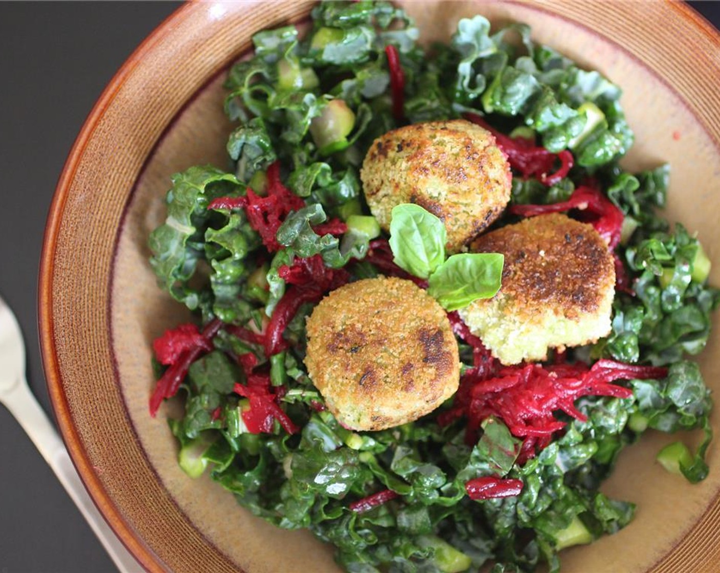 step 8 Chop the Kale (2 cups) and add the Pickled Beets (2 Tbsp) and dressing.