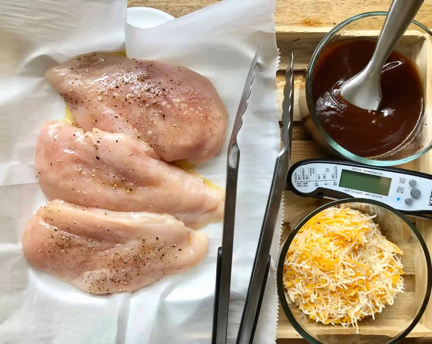 step 1 Remove Boneless, Skinless Chicken Breasts (3) from the refrigerator. Brush all over with Olive Oil (as needed). and season both sides with Coarse Kosher Salt (to taste) and Freshly Ground Black Pepper (to taste). Allow chicken to rest at room temperature for 30 minutes.