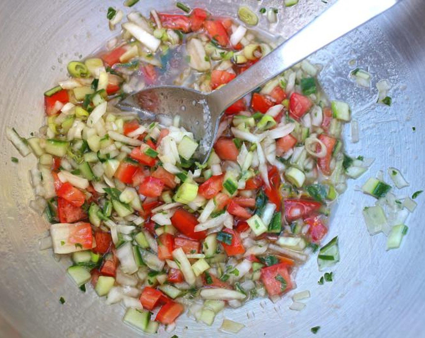 step 3 For the vinaigrette, mix Rice Vinegar (1/3 cup), Vegetable Oil (2/3 cup), Cucumbers (2 Tbsp), Tomatoes (2 Tbsp), White Onion (1/2), Scallions (3 stalks), Garlic Paste (1/2 tsp), Fresh Cilantro (1 tsp), Kosher Salt (to taste) and Cayenne Pepper (to taste).