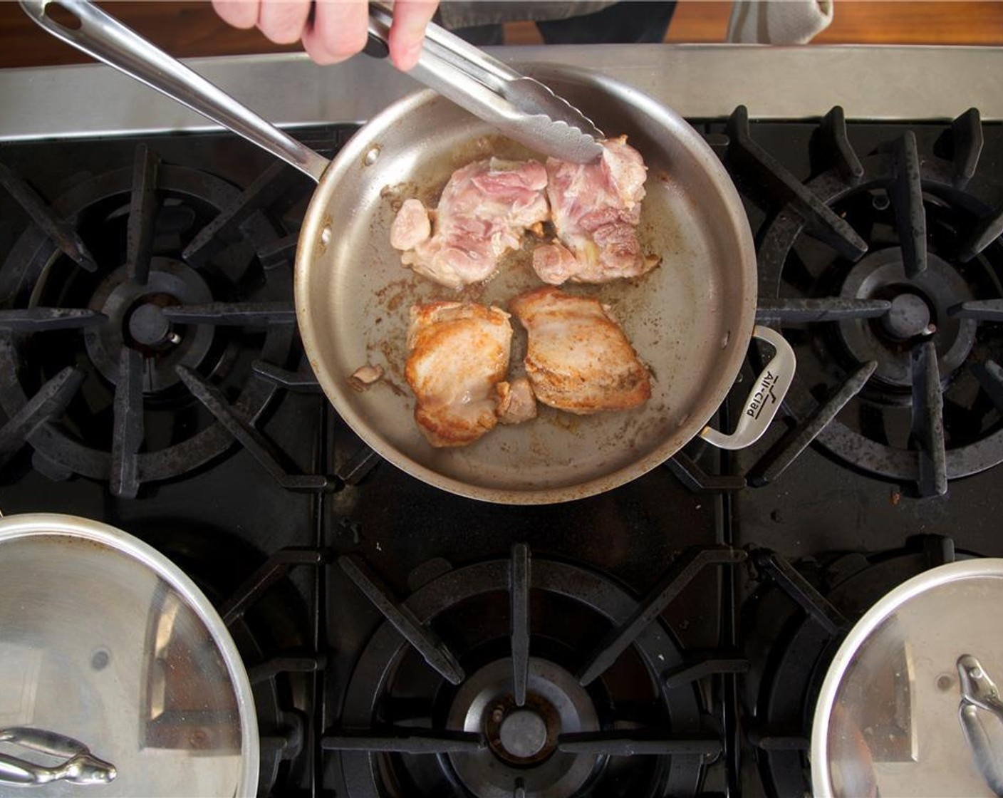 step 5 Once butter is melted, add chicken with smooth side down. Cook for 3- 5 minutes until golden brown and turn over.