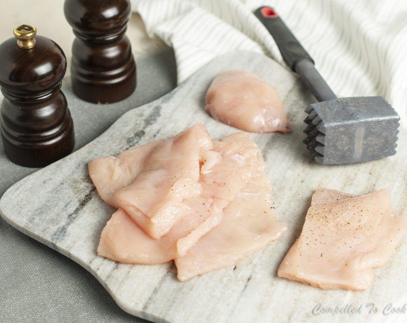 step 3 Slice Boneless, Skinless Chicken Breasts (12 oz) in half horizontally and then cut each half into half again, getting 4 pieces (each being about 1.5 ounces) out of each breast. Place the chicken pieces between two pieces of parchment or wax paper and pound with a rolling pin or flat side of a mallet to 1/4-inch thick.