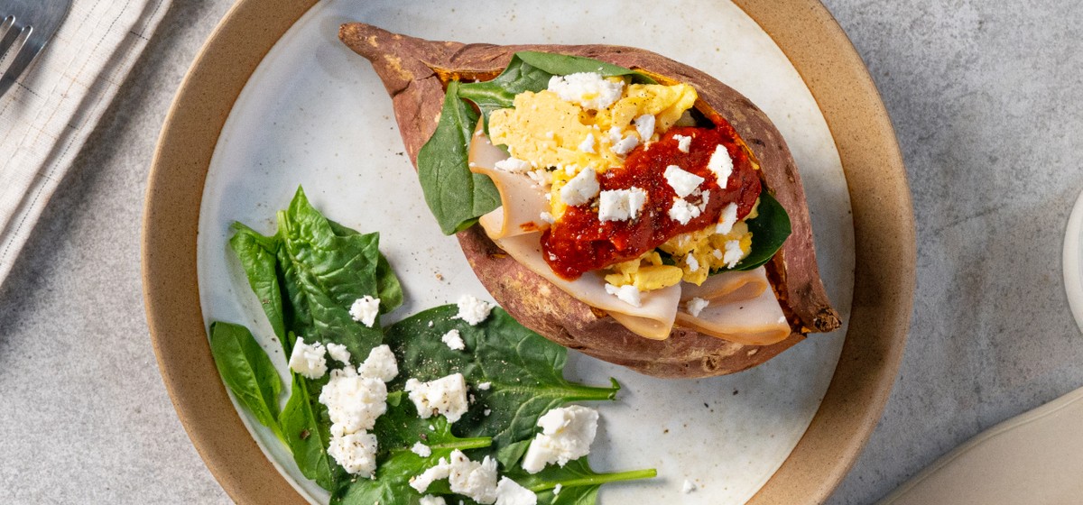 Loaded Sweet Potato with Scrambled Eggs and Spinach Recipe | SideChef