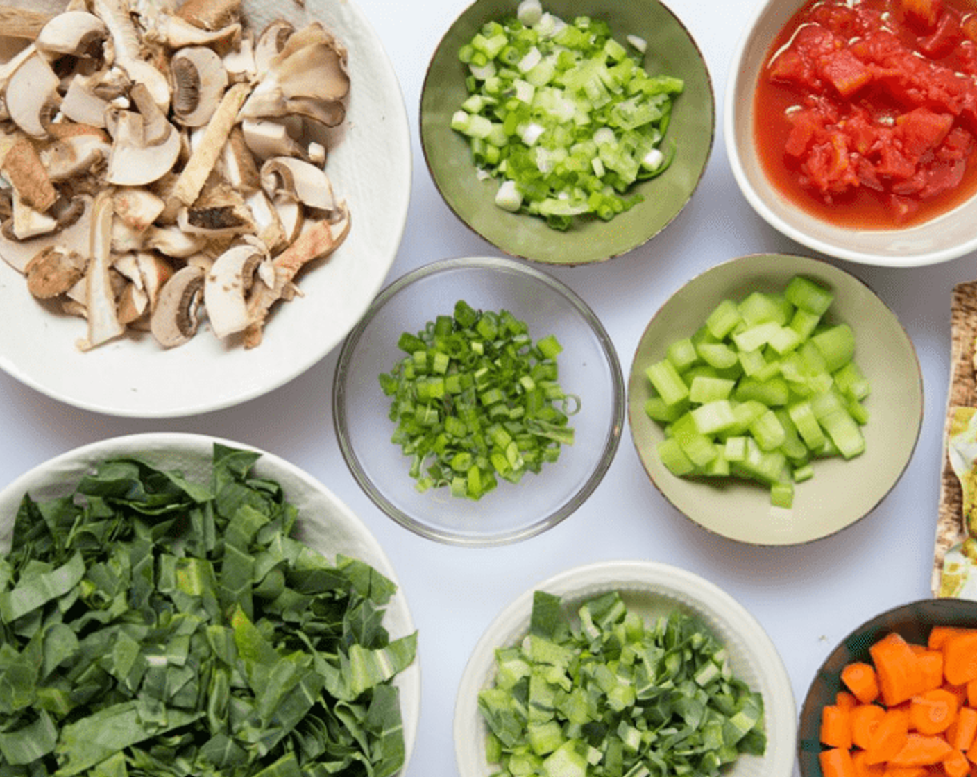 step 1 Prepare your mise en place: Discard Shiitake Mushroom (1 cup) stems then tear or cut caps into 1/2-inch pieces. Peel and mince Garlic (1 clove). Remove roots, and finely chop Scallion (1 bunch) keeping whites and greens separate.