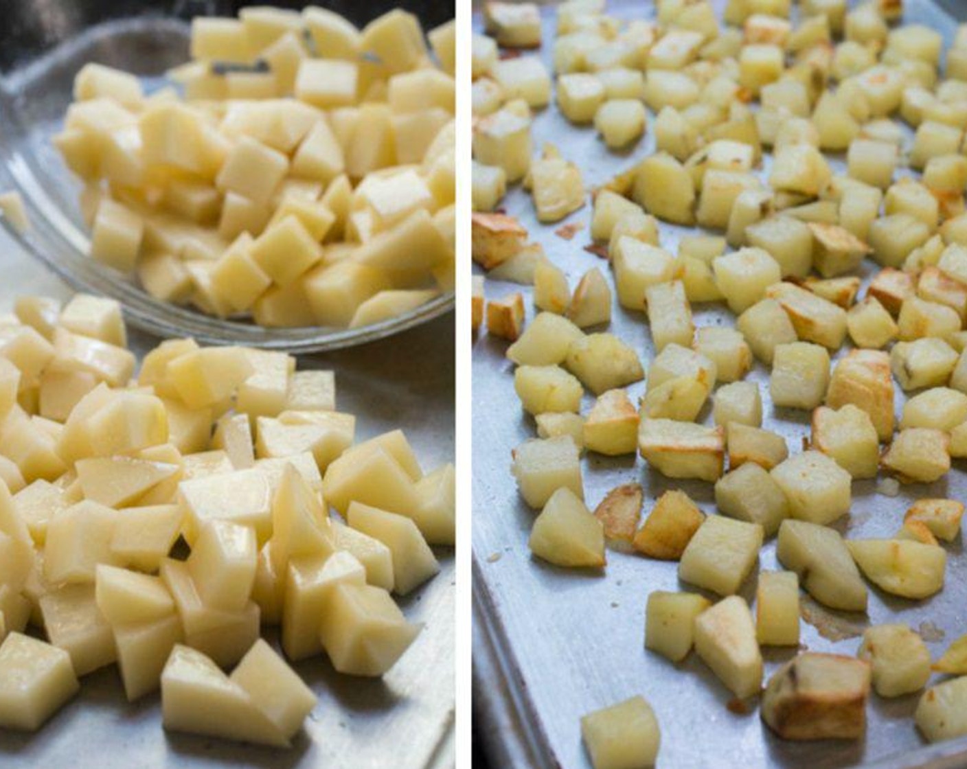 step 2 Toss the Russet Potatoes (2) in Olive Oil (1 Tbsp) and lay them out on a baking tray, then bake for 30 minutes.