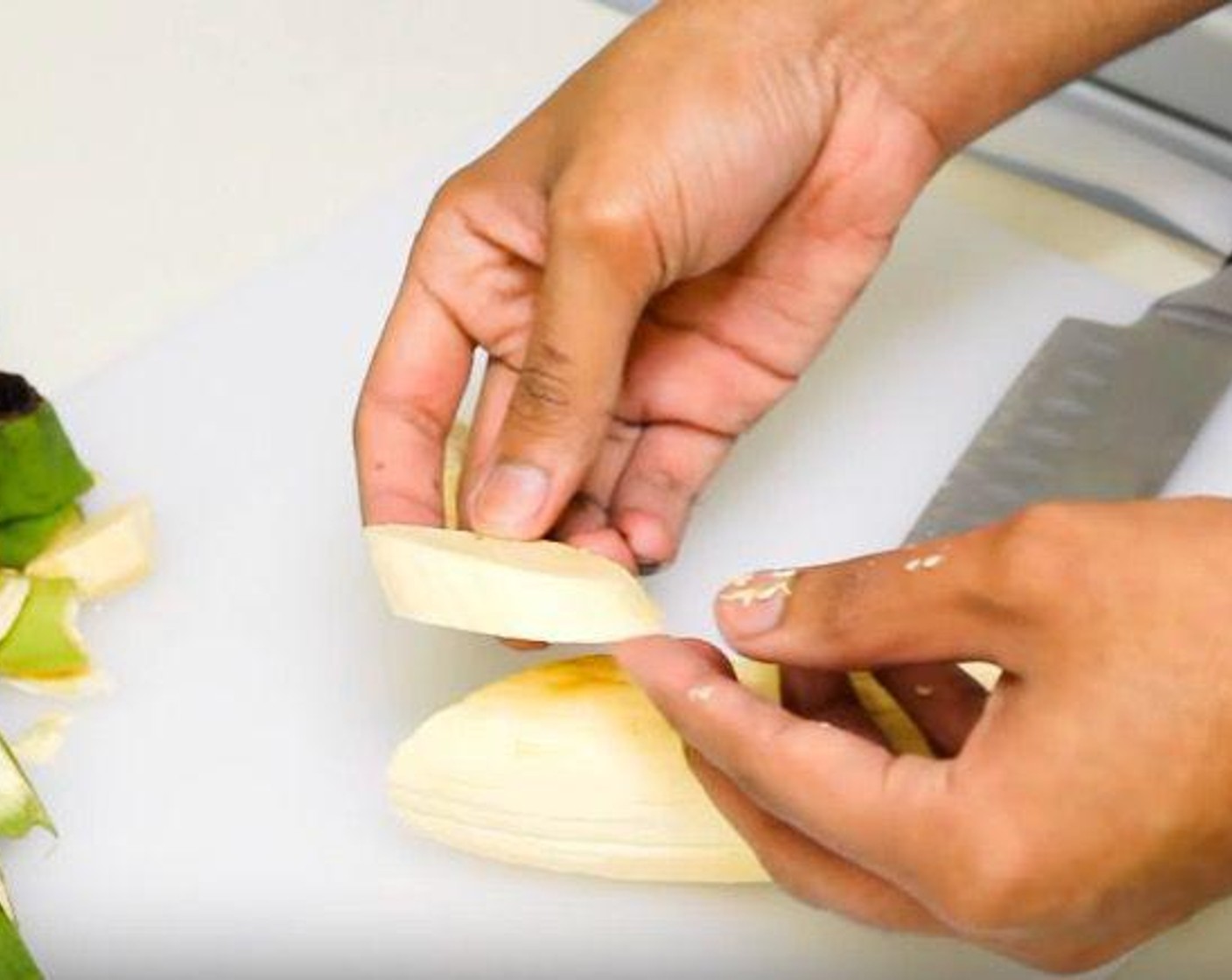 step 1 Peel the Plantains (2) and chop off the ends. Cut diagonally into 1 to 2-inch pieces.