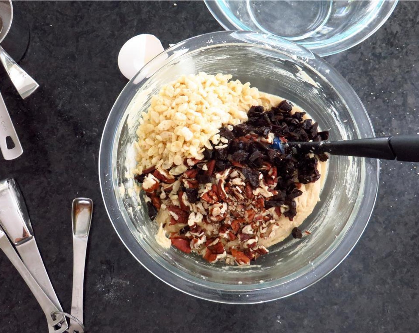 step 6 Roughly chop pecans. Add pecans, dried cherries, and Crispy Rice Cereal (1/2 cup) to cookie dough. Stir to combine. Drop by rounded teaspoonfuls onto a baking sheet lined with parchment paper. Bake 10-12 minutes, or until lightly browned.