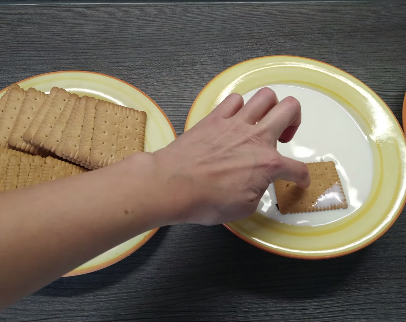 step 2 Soak each biscuit sandwich in the Milk (as needed). Don’t put too many biscuits at the same time in the milk because they will break down.