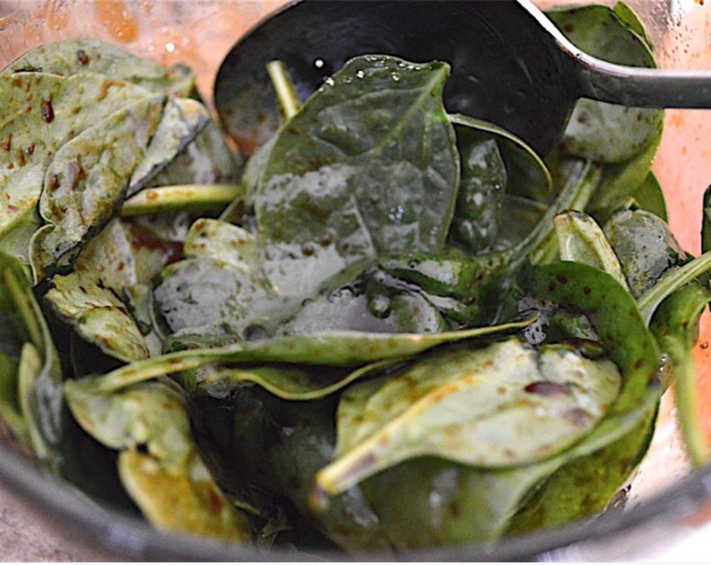 step 2 Take the Fresh Baby Spinach (1 cup) and toss with Olive Oil (1 Tbsp) and Balsamic Vinegar (1 Tbsp). Set aside.