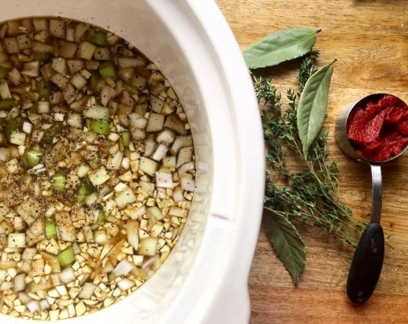 step 1 In a 6-quart slow cooker, stir together Beef Stock (4 cups), Onions (1 1/2 cups), Barley (1 cup), Water (1 cup), Celery (1 cup), Kosher Salt (1 tsp), Freshly Ground Black Pepper (1/2 tsp), and Garlic (6 cloves).