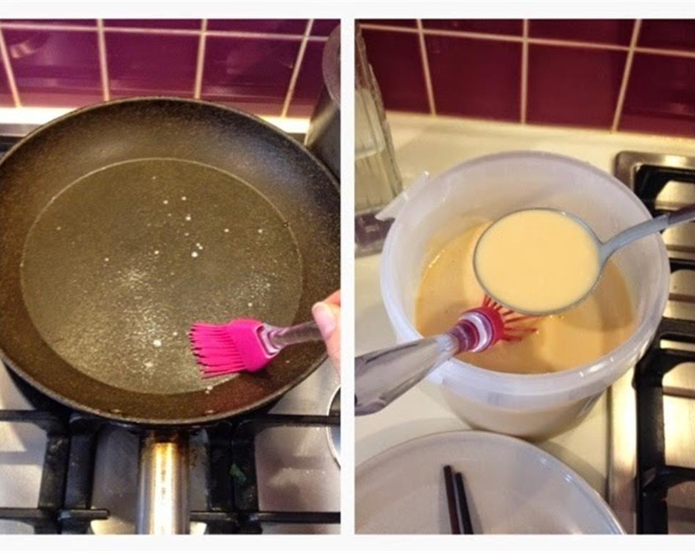 step 10 Use a flat pan and place over medium heat. Add Canola Oil (as needed) and use a brush to evenly spread around the pan. Use a big spoon and add some crepe batter to the pan. Quickly turn the pan clockwise until the batter spreads out evenly.