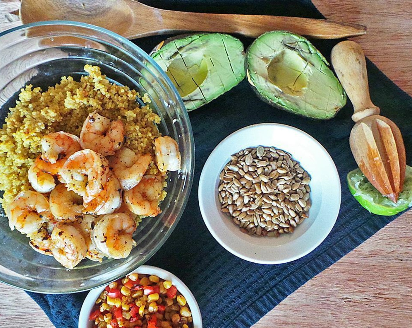 step 6 Wipe off the grill pan, then reheat the pan at medium heat. Place the shrimp 1/2" apart on the grill pan, pouring the marinade over. Cook 2-3 minutes on each side, or until pink and no longer opaque. Add to bowl with quinoa.