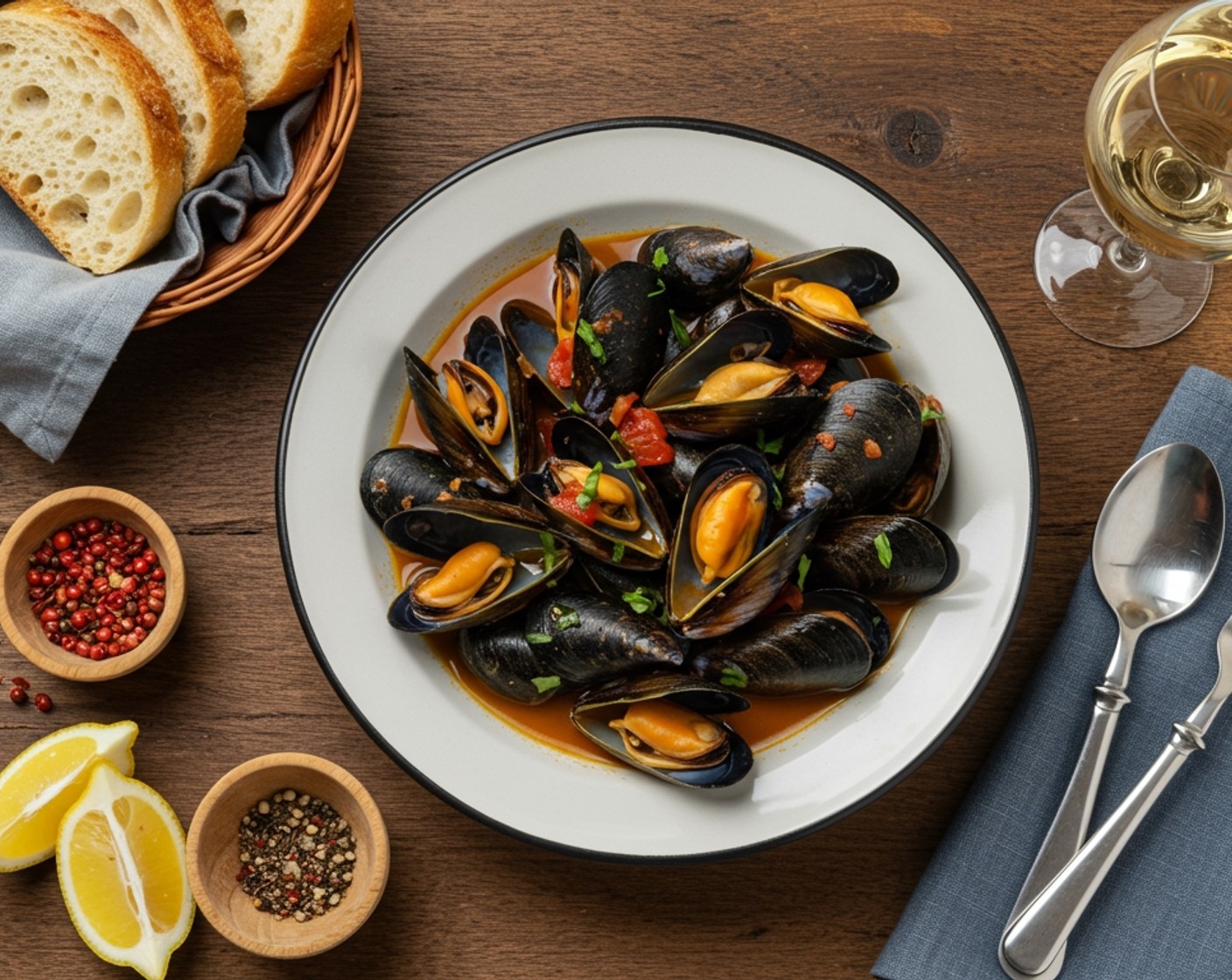step 6 Ladle the mussels and sauce into bowls and serve with crusty Bread (as needed) to soak up all that spicy, garlicky goodness.
