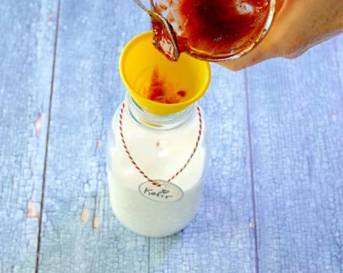 step 1 Add you favorite Fruit Jam (2 Tbsp) to the Milk Kefir (4 cups) and stir or shake vigorously until jam is thoroughly mixed in. Using a funnel, pour kefir into a glass container and tighten with an airtight cap.
