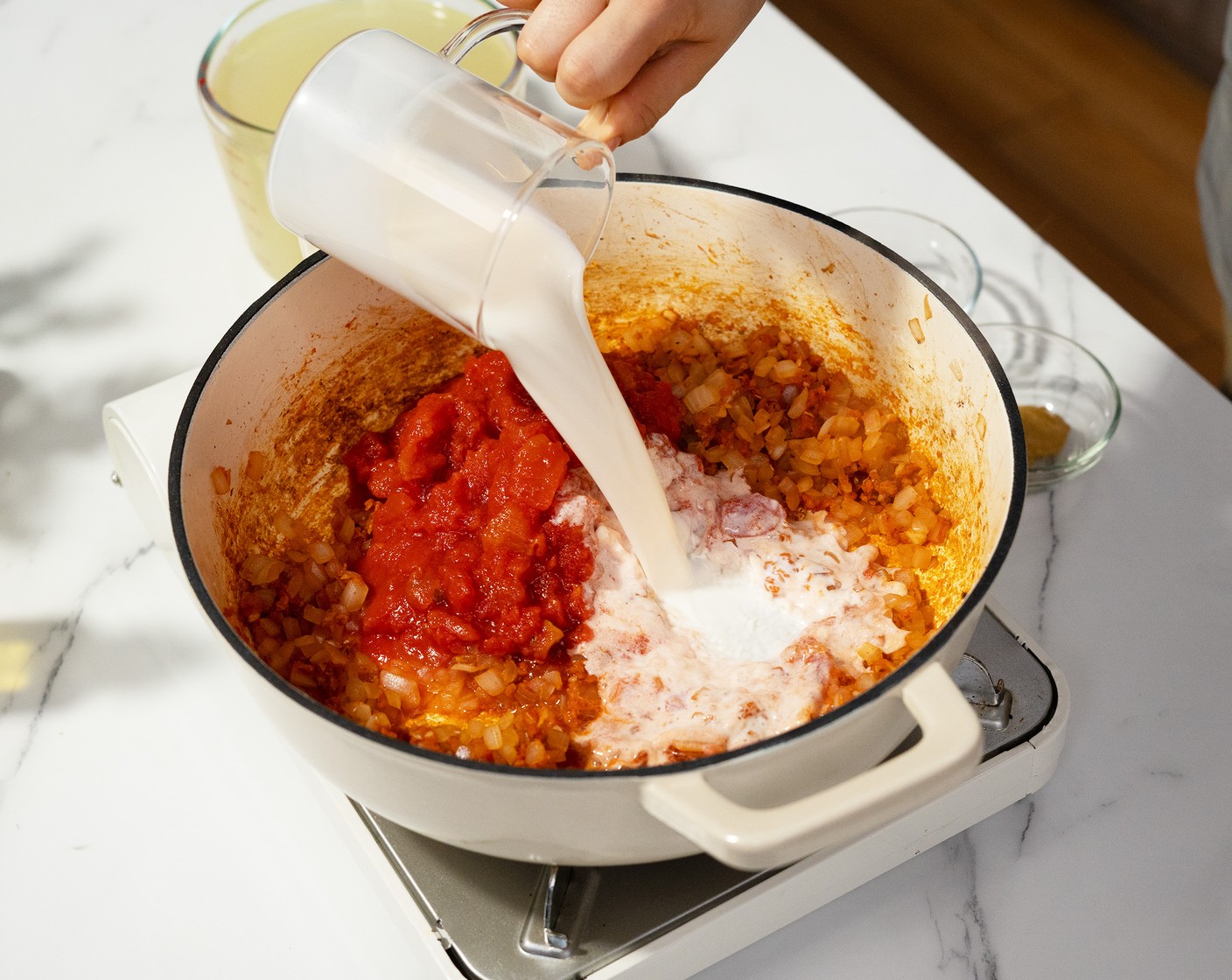 step 4 Add Diced Tomatoes (1 can), Milk (1/2 cup), Chicken Broth (4 cups), Dijon Mustard (1/2 Tbsp), and Worcestershire Sauce (1 tsp). Stir to pull up everything from the bottom. Bring to a boil and then lower to a simmer and cook for 10 minutes.
