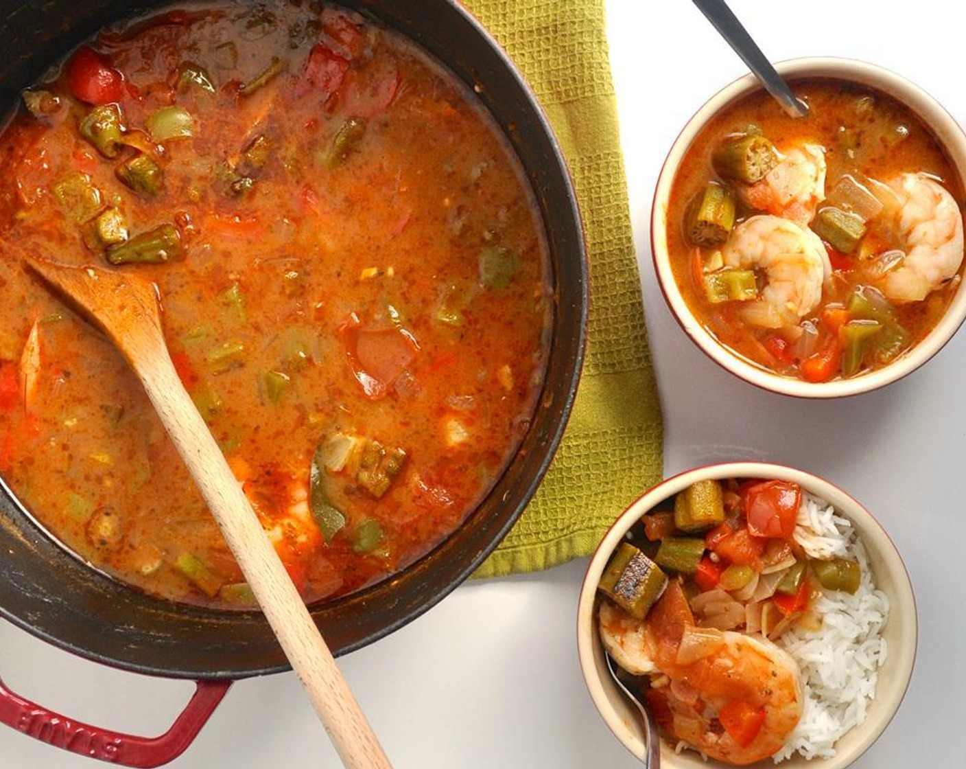 step 8 Add Shrimp (1 lb) and cook until they are fully pink and cooked through. Add the okra back to the pot and serve with rice.