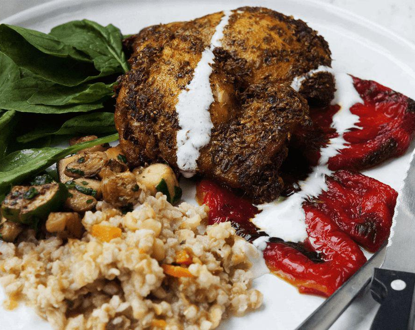 step 5 Plate it with the Red Bell Peppers (2), Barley (1 cup), and some Fresh Baby Spinach (2 cups), or your favorite veggies! You can also drizzle some Greek Yogurt (2 Tbsp) over the top for extra flavor.