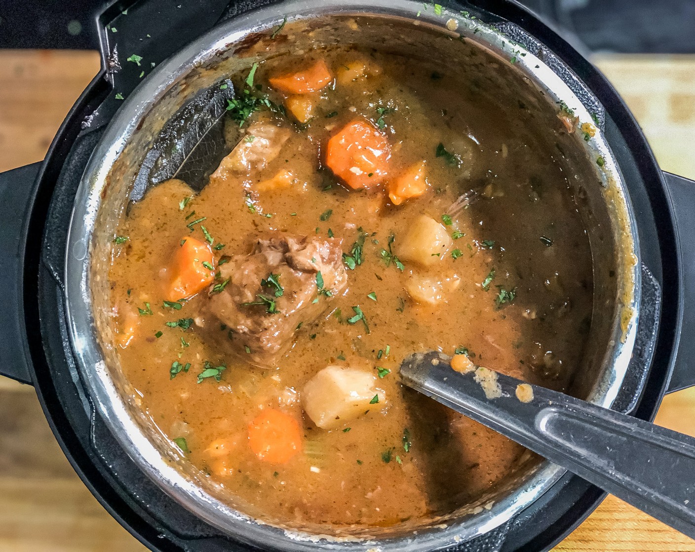 step 9 After the steam has released add the Onion (1), Celery (2 stalks), Carrots (3), Sweet Potatoes (2), Turnips (3 1/2 cups), and Garlic (4 cloves). Cover cook on high-pressure cook for 45 minutes, then instant release for 5 minutes.