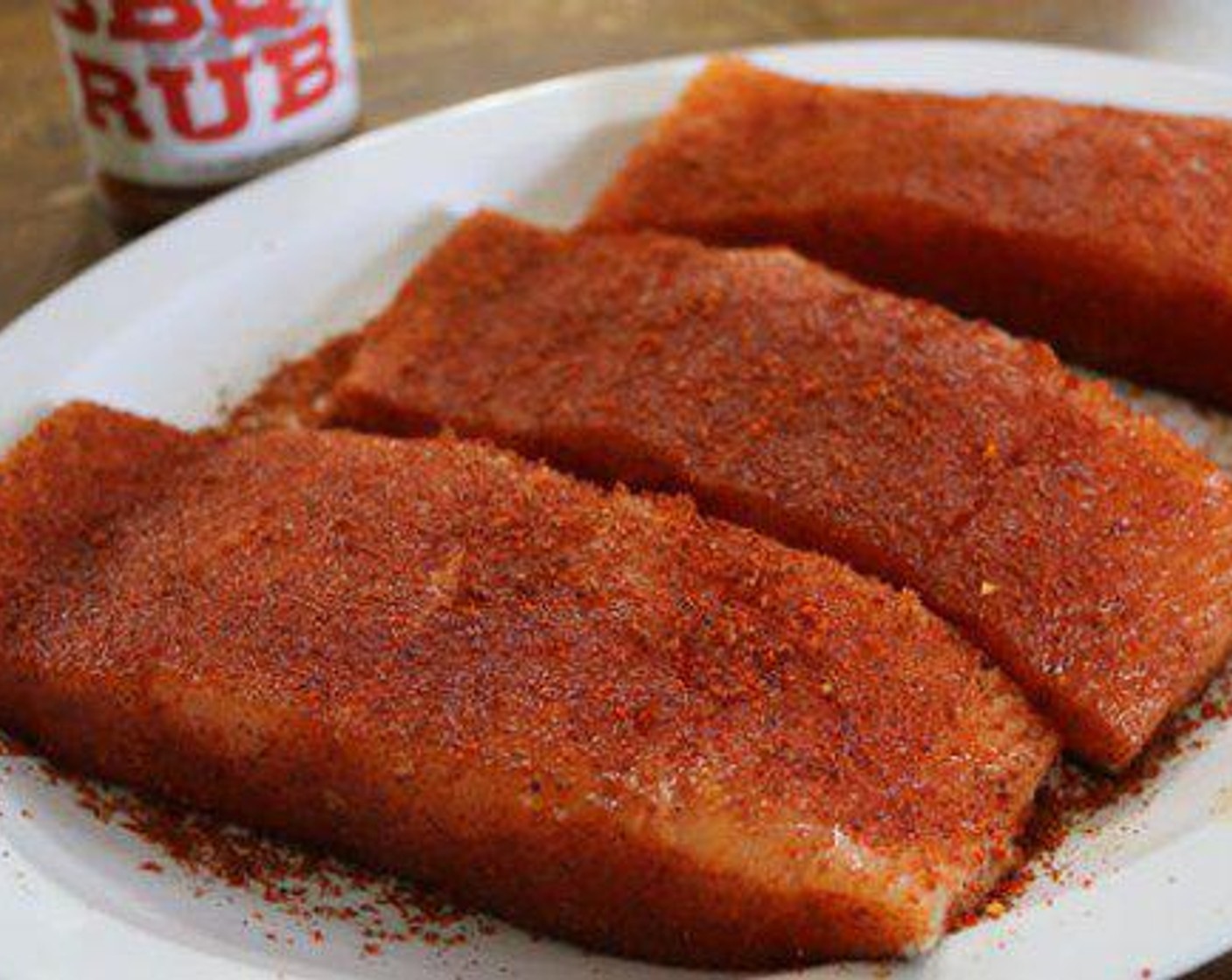 step 1 Season Salmon Fillets (3) with Barbecue Rub (1/4 cup) and rest at room temperature for 30 minutes.