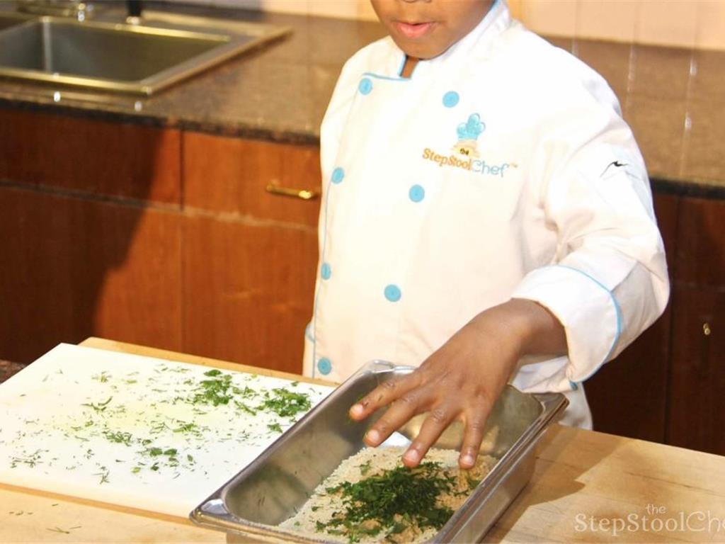 Step 3 of Italian Baked Tilapia Parmesan & Basil Pesto Rice Recipe: Add the chopped parsley and herbs with the Italian-Style Breadcrumbs (2 cup) in a deep plate or square dish and combine.