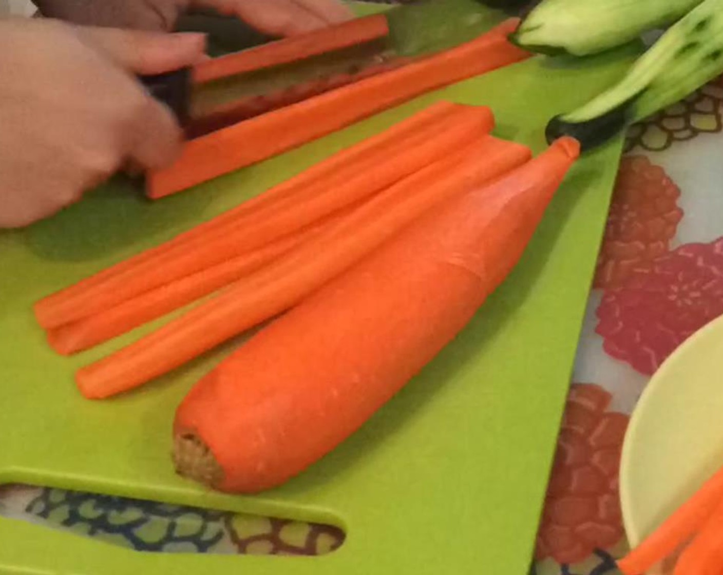 step 5 Julienne the Carrots (4) and the Seedless Cucumbers (3).