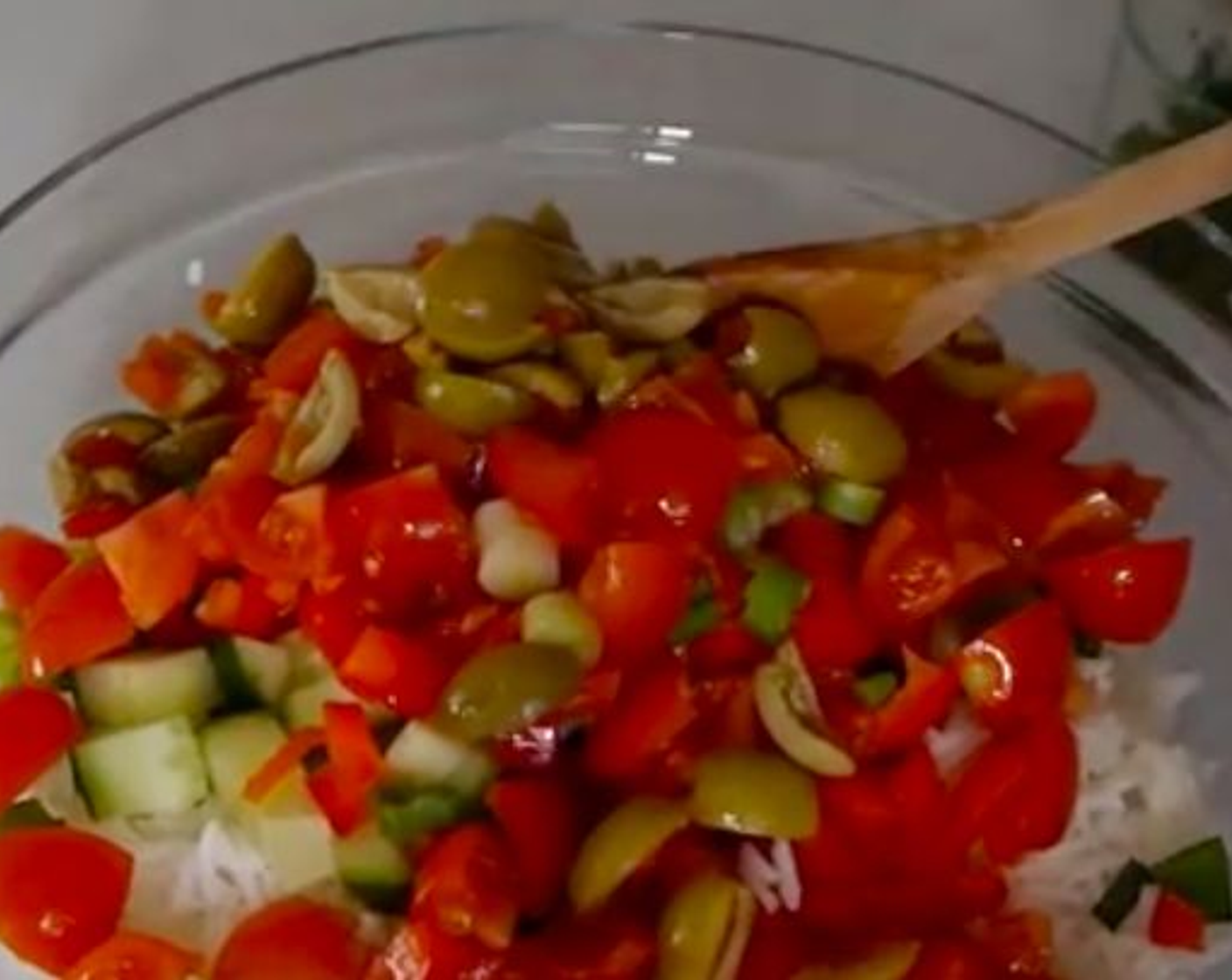 step 2 Add Cucumber (1 cup), Red Chili Pepper (1 cup), Spring Onion (1), Cherry Tomato (1 cup), Black Olives (1/2 cup), Sun-Dried Tomatoes (4 Tbsp), Cured Ham (4 Tbsp) and mix everything well.