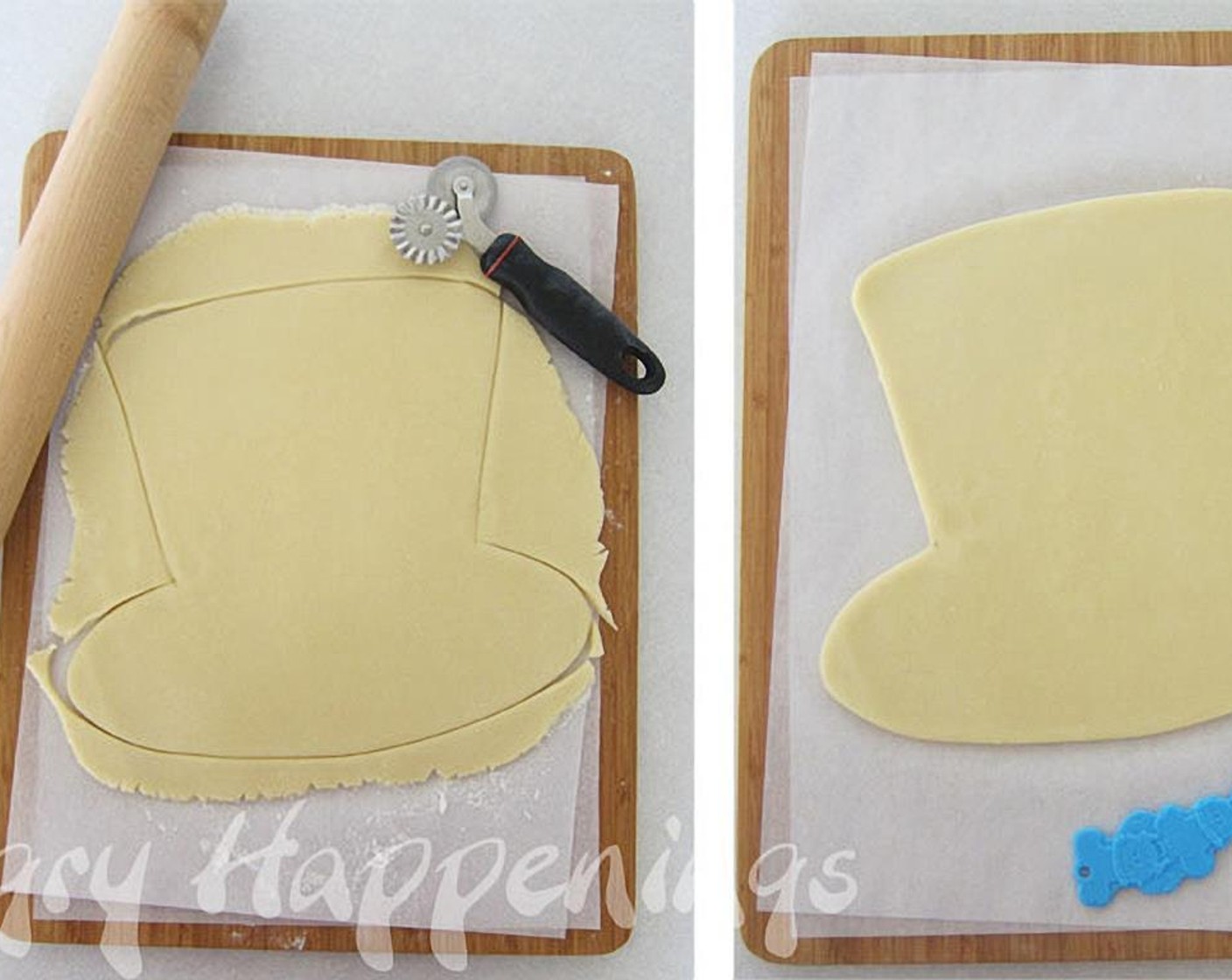 step 2 Line a cutting board with parchment paper. Dust the paper lightly with flour. Unwrap dough and set on parchment paper. Roll out to 3/8-inch thickness. Use a pizza wheel or knife to cut out a hat shape. Refrigerate for 30 minutes.