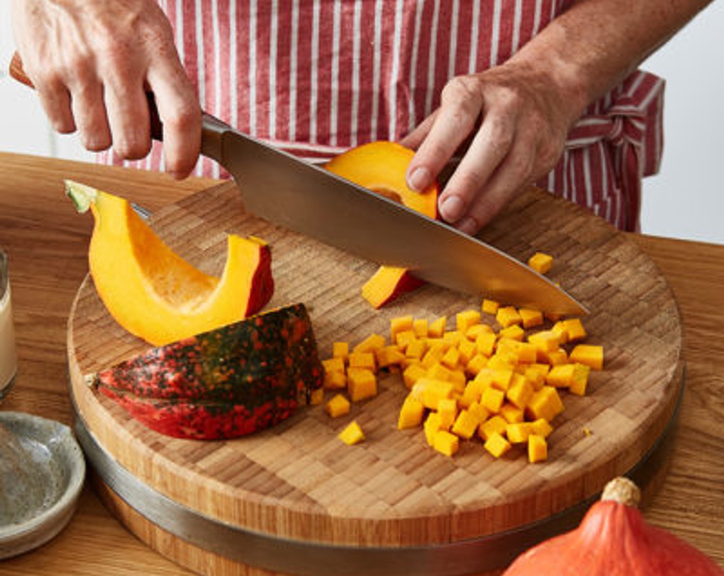 step 1 Remove the seeds of the Hokkaido Pumpkin (1/2 cup), peel, and cut into 5x5 millimeter (1/4-inch) cubes. Mix the Vegetable Stock (1 1/2 cups) and Saffron Threads (1 tsp) until the stock changes color.