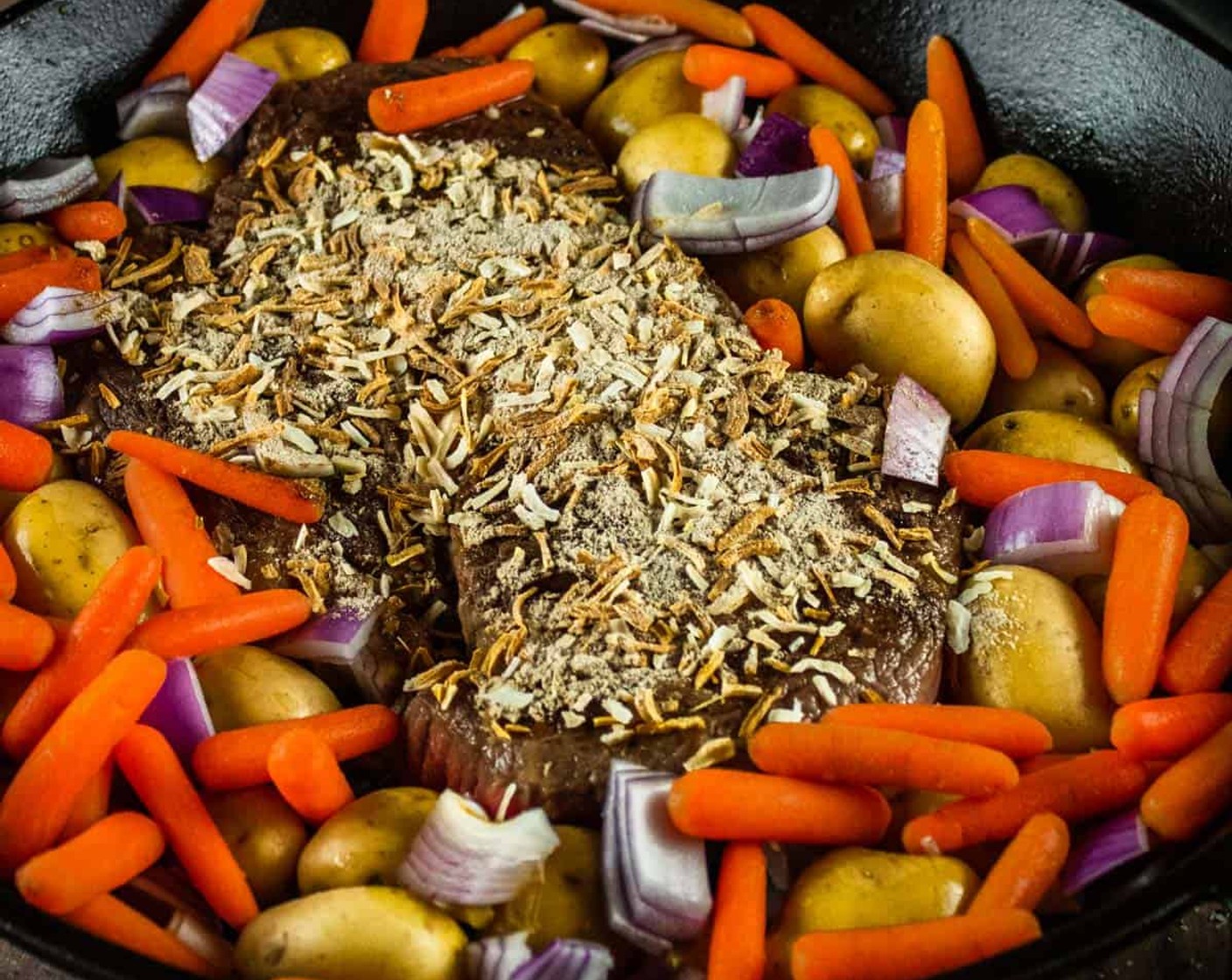 step 4 Sprinkle the Onion Soup Dry Packet (1) over the beef and pour the Beef Broth (1/2 cup) on the vegetables.