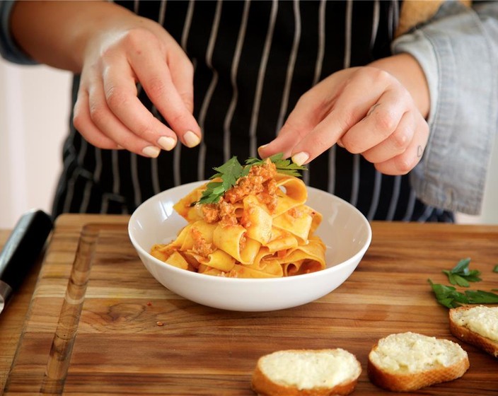 Veal Bolognese with Ricotta Garlic Toasts Recipe | SideChef
