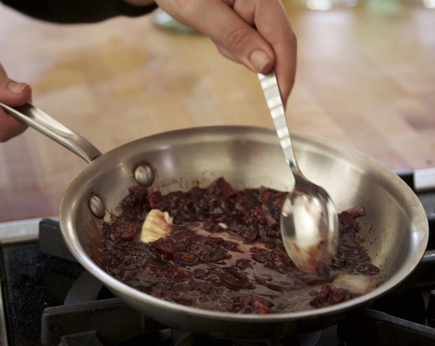 step 13 Stir in orange juice, cherries, Red Wine Vinegar (2 Tbsp), Port Wine (4 Tbsp), and Granulated Sugar (1 1/3 Tbsp) and simmer for 4 minutes.