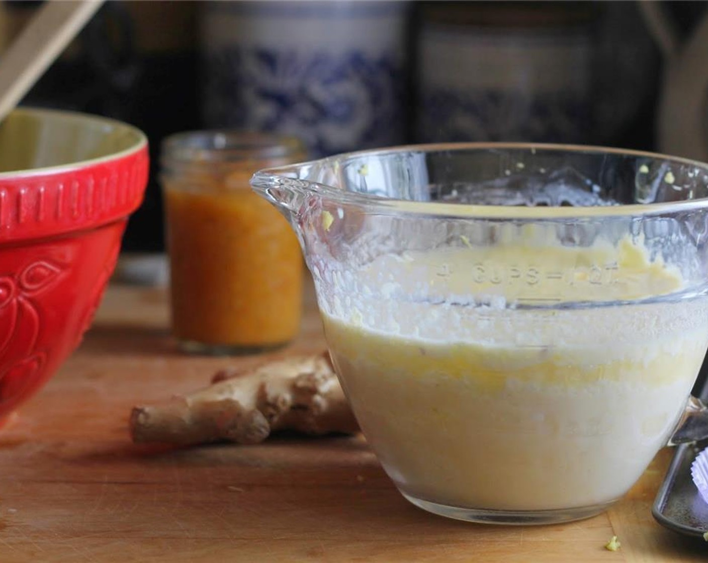 step 3 Put Eggs (2), Butter (1/2 cup), Sucanat (1 cup), Buttermilk (1 1/2 cups), Vanilla Extract (1/2 Tbsp), and Fresh Ginger (1/4 cup) in a mixing bowl or measuring bowl and mix together well.