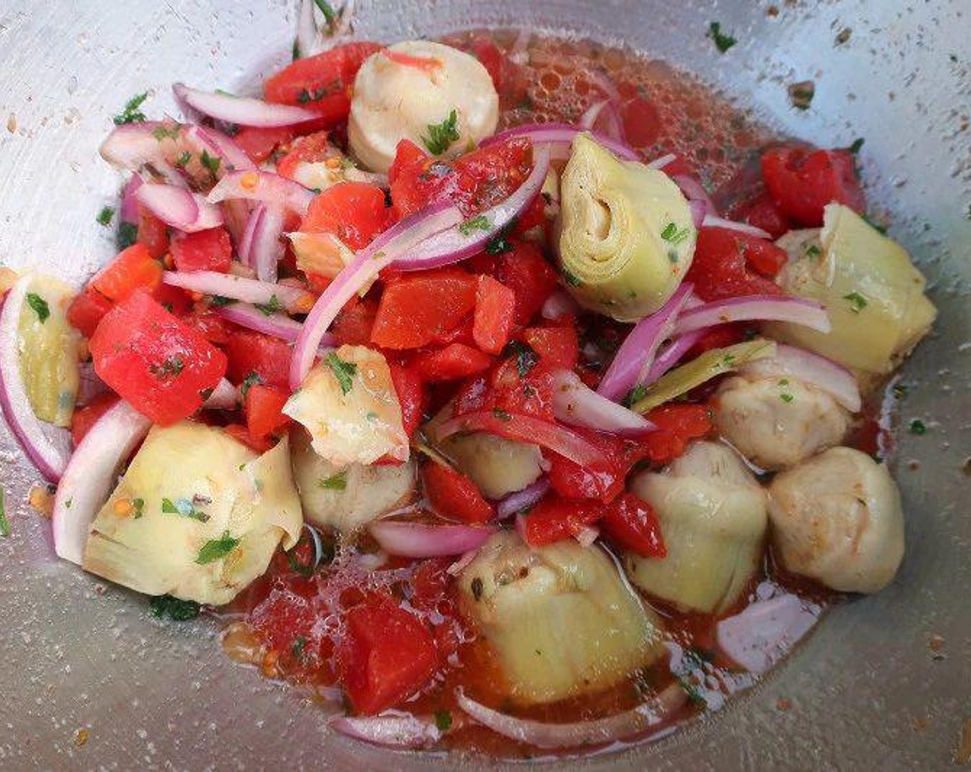 step 1 Season Artichoke Hearts (10), Red Onion (1/2), and Tomato (1 cup) in Raspberry Vinaigrette (1/3 cup) overnight.