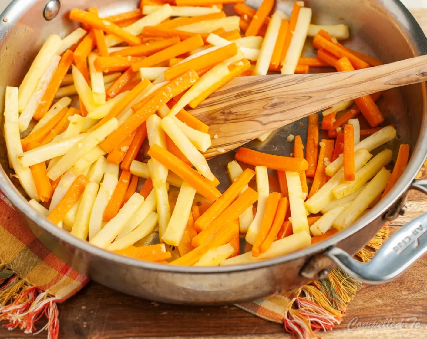 step 3 In a medium sautee pan, heat Unsalted Butter (2 Tbsp) until foamy, add Garlic (2 cloves) and sauté for 30-60 seconds, stirring once or twice. Add in carrots and parsnips, stir to coat with butter and garlic.