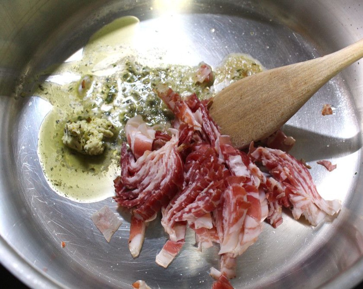 step 4 In a separate pan saute Bacon (4 oz) in Garlic & Herb Butter (1/4 cup).