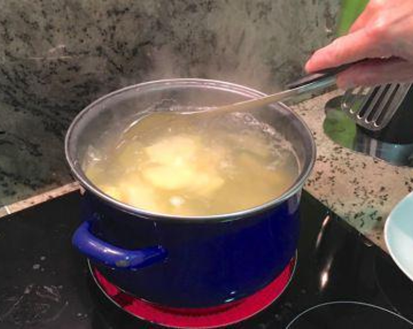 step 3 Add the potatoes to the boiling water and cook, stirring occasionally to prevent sticking, until a knife blade easily pokes through the potato, about 10 minutes.