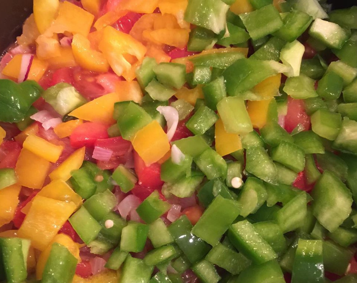 step 2 Heat oil in a pan, add the Onion (1 cup) and saute for 5 minutes, then add Tomato (1 cup) and saute for another 5 minutes, then add the Bell Pepper (1 cup).