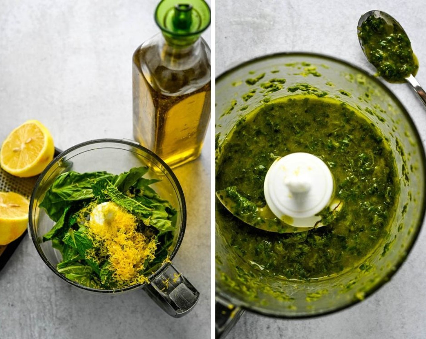 step 3 Meanwhile, make the dressing. Add the Fresh Basil Leaves (2 cups), Italian Flat-Leaf Parsley (1/2 cup), Garlic (1 clove), Crushed Red Pepper Flakes (1/2 tsp), Kosher Salt (1 tsp), Red Wine Vinegar (1/4 cup), and Olive Oil (1/2 cup) to the bowl of a blender. Start on a low speed, gradually increasing until the herbs are incorporated into a smooth dressing. You may need to stop the blender and scrape the sides a few times, so that it gets combined evenly.