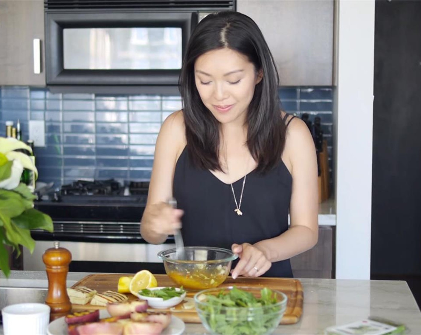 step 3 For the arugula salad, make the dressing by thoroughly combining the shallot, red chili, lemon zest, lemon juice, Granulated Sugar (to taste), Salt (to taste), Ground Black Pepper (to taste), and Olive Oil (3 Tbsp) in a small bowl.