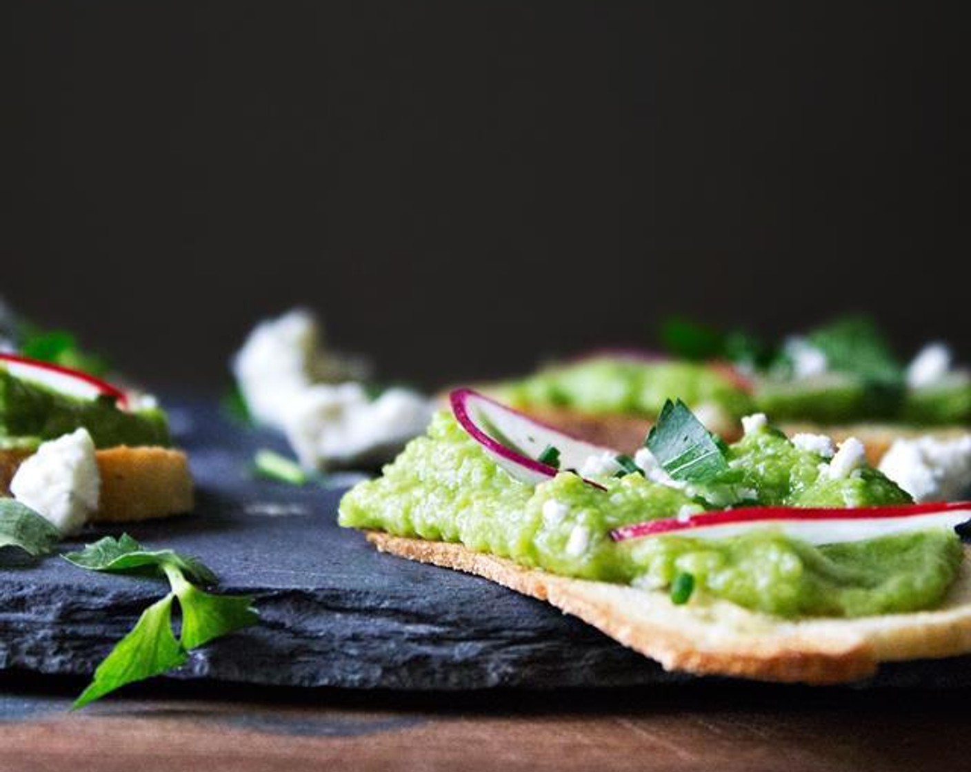 English Pea, Spring Radish & Humboldt Fog Crostini