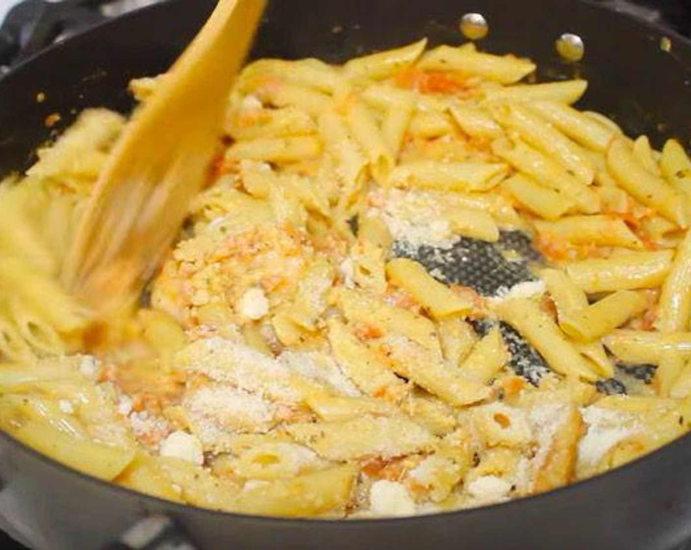 step 2 Meanwhile, take another pan and cook the shrimp for about 2 minutes. Sert aside. Once the sauce is ready, add the shrimp and the cooked Penne Pasta (8 oz). Add Parmesan Cheese (to taste) if preferred. Serve and enjoy!