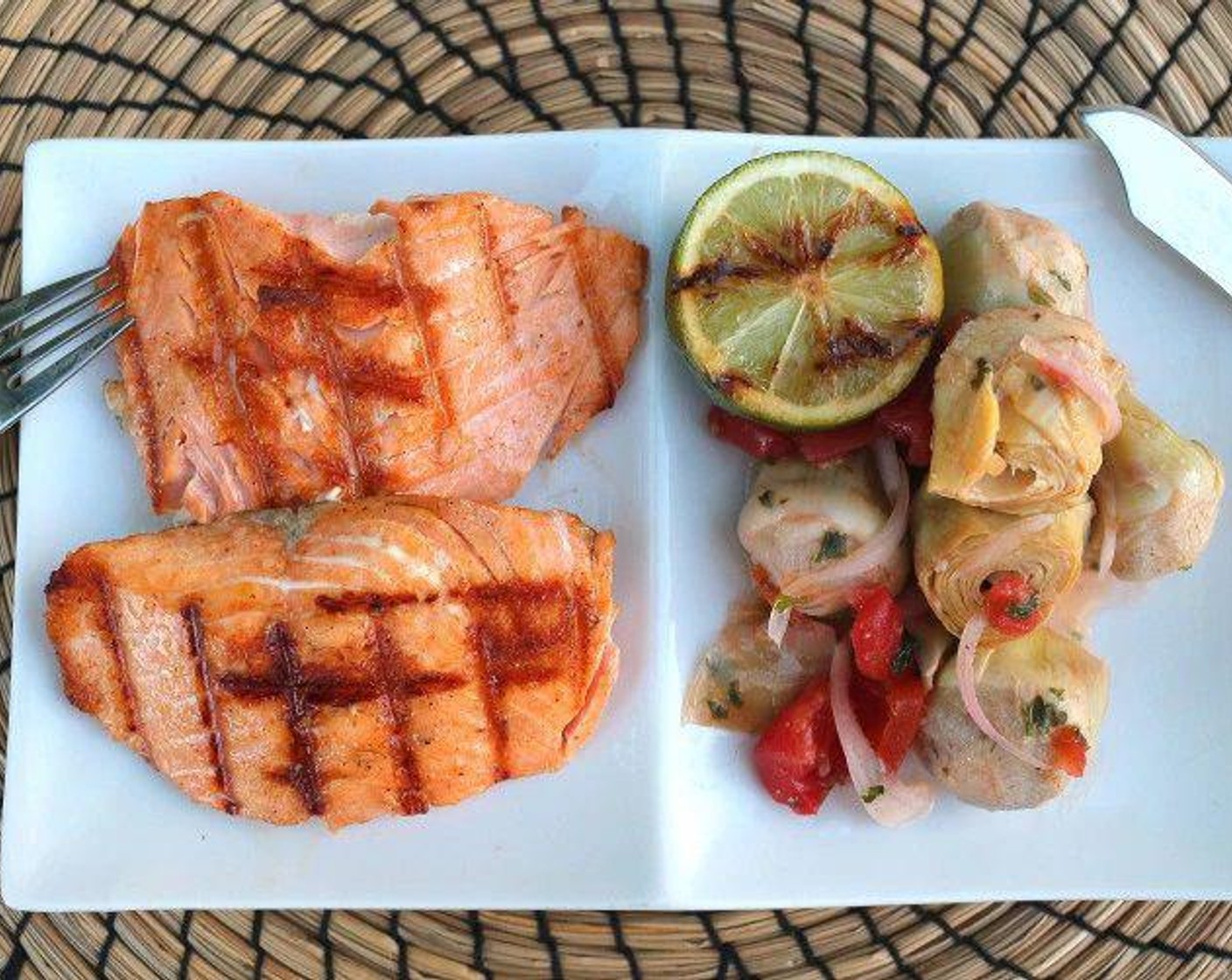 Grilled Salmon with Artichokes Marinated in Raspberry Vinaigrette