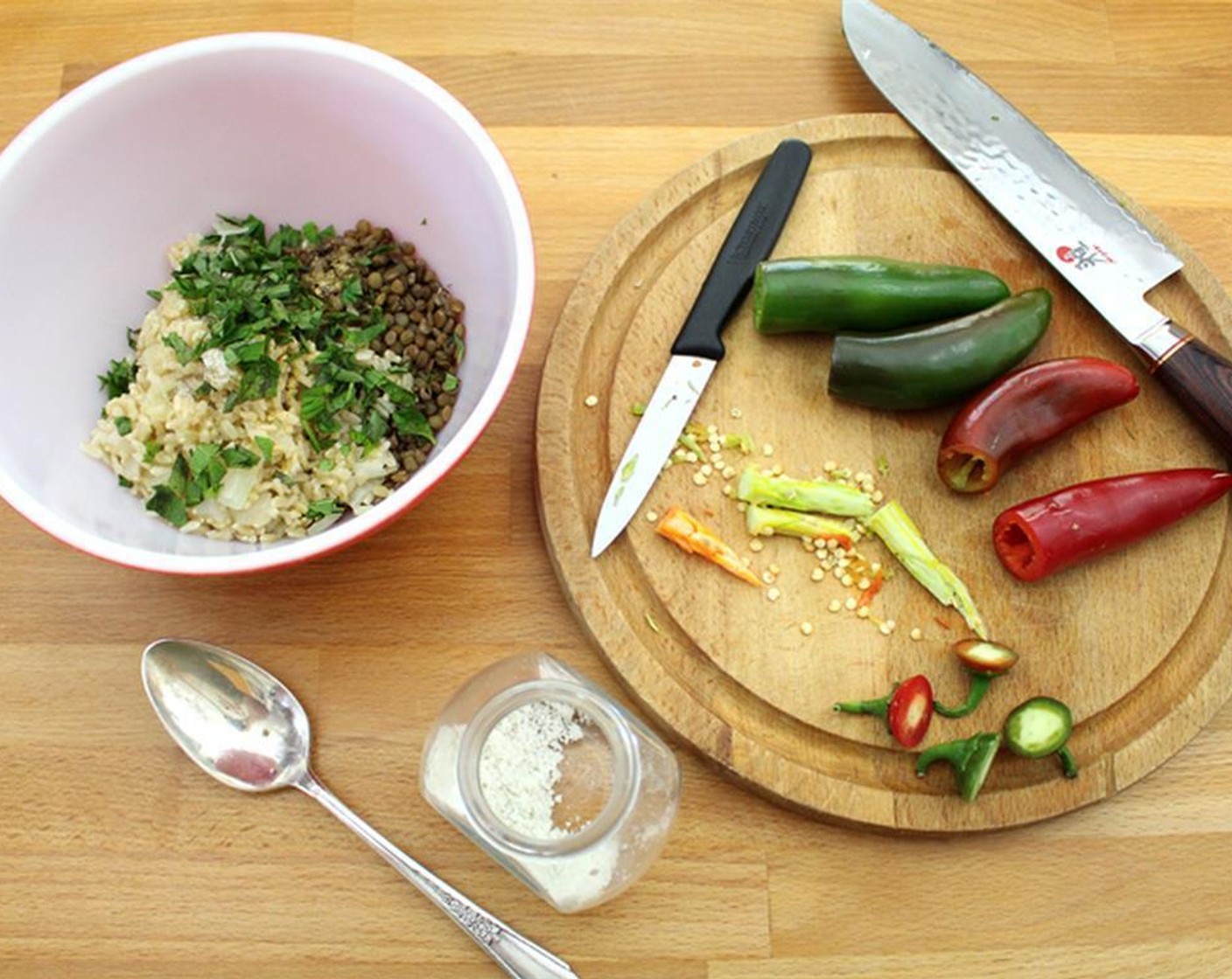 step 4 Mix lentils and rice with Salt (to taste) and Fresh Mint (1 Tbsp). Taste and adjust seasoning if needed. Mix in Feta Cheese (1 Tbsp). Also add Fresh Thai Basil (1 Tbsp) and Fresh Ginger (1 pinch).