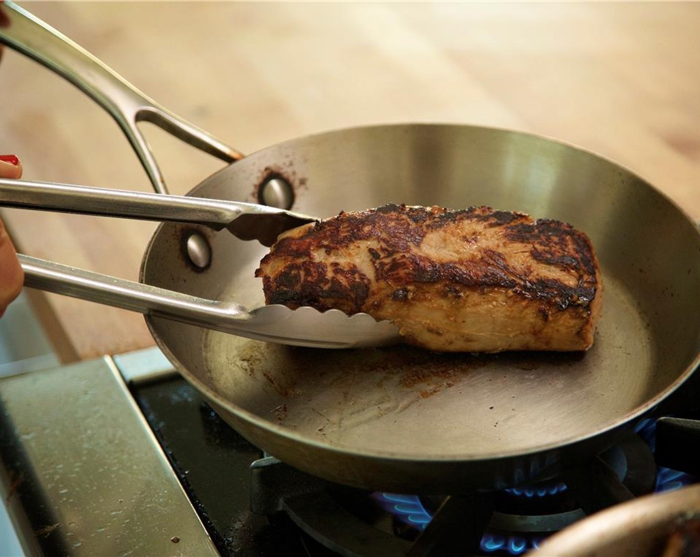 step 10 Place oven safe pan in the oven and roast for 13 minutes or until desired internal temperature. Remove from oven and transfer pork to a cutting board to rest.