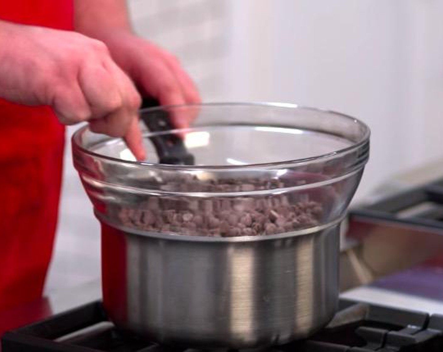 step 3 Melt Milk Chocolate Chips (1 2/3 cups) with a double boiler until it's smooth. Spread the chocolate on the slice with the back of a spoon. Put it in the fridge for 30 minutes. Slice it up with a knife. Serve and enjoy!