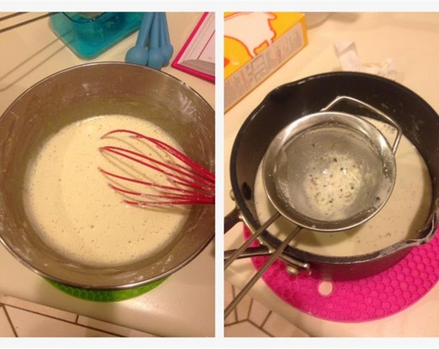 step 6 Slowly pour the milk into eggs yolk mixture and keep stirring. Filter and pour the mixture back into the pot and place over medium heat.